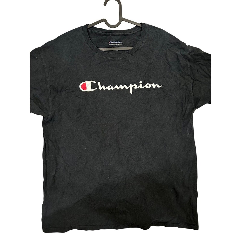 Champion Mens Script Logo Graphic T-Shirt Black Large Short Sleeve Tee‎